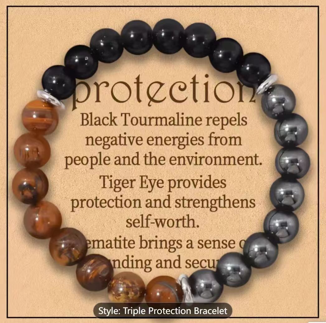 Triple Protection Bracelet - Black Tourmaline Tiger Eye Hematite Beaded Bracelet for Negative Energy Protection & Self-Worth