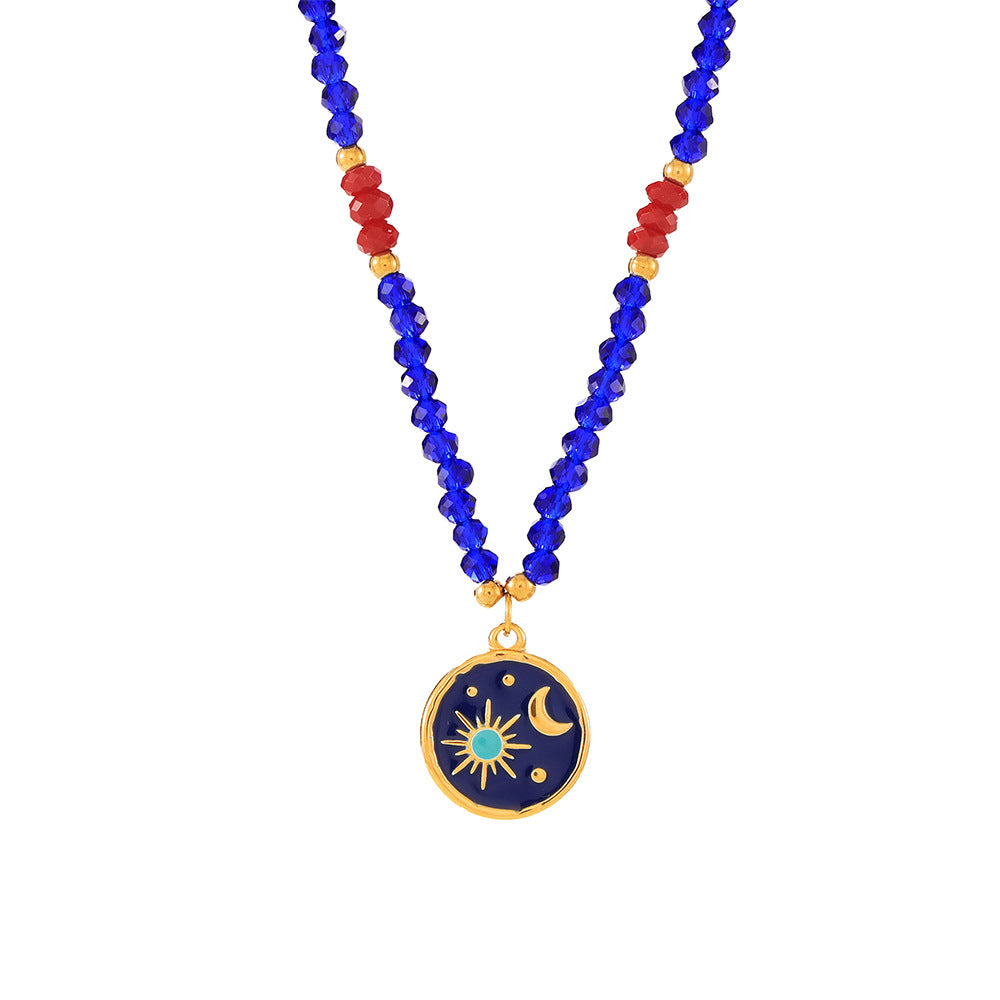 Bohemian Sun Moon Star Beaded Necklace – Blue Crystal & Titanium Steel Vintage Celestial Pendant for Women, Adjustable Chain