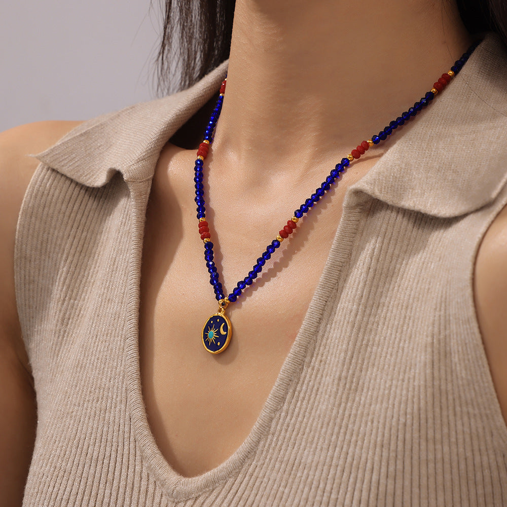 Bohemian Sun Moon Star Beaded Necklace – Blue Crystal & Titanium Steel Vintage Celestial Pendant for Women, Adjustable Chain