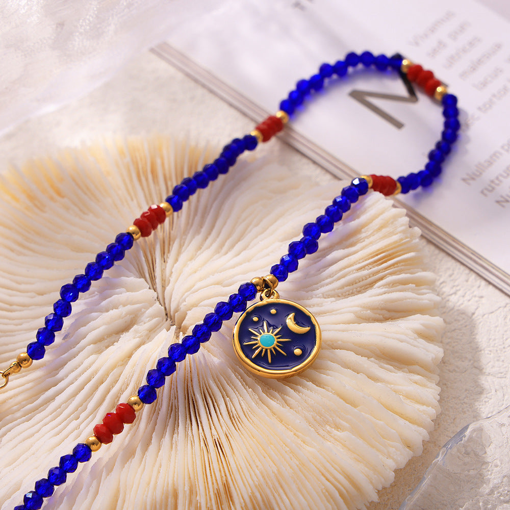 Bohemian Sun Moon Star Beaded Necklace – Blue Crystal & Titanium Steel Vintage Celestial Pendant for Women, Adjustable Chain