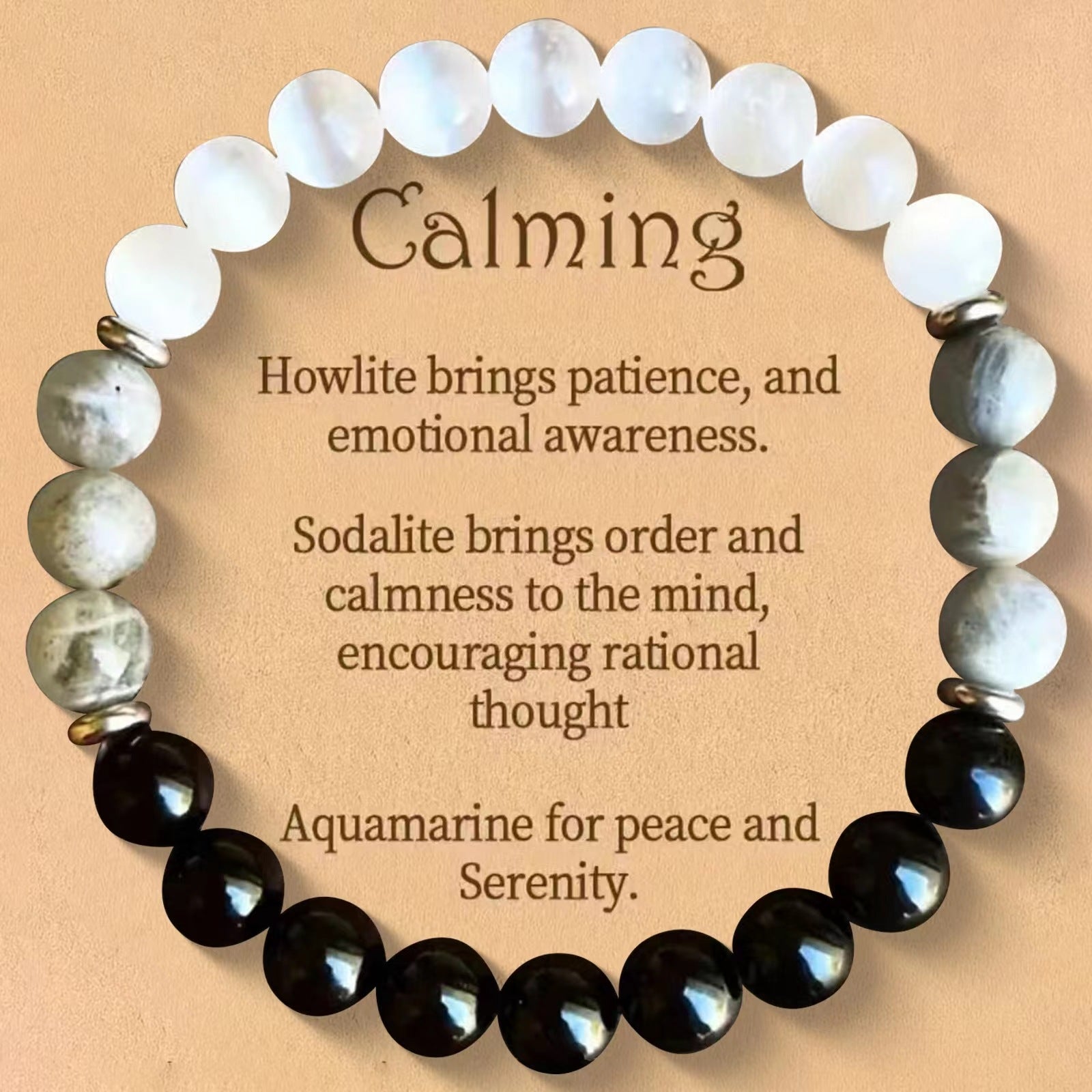 Calming Gemstone Bracelet - Howlite Sodalite Aquamarine Beaded Bracelet for Patience, Mental Clarity & Serenity